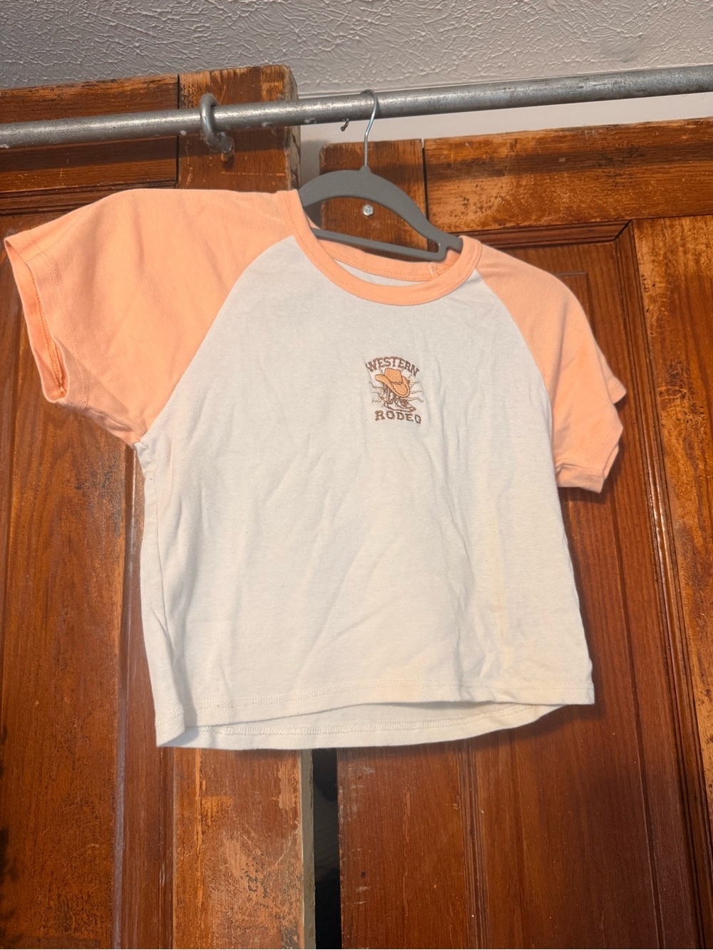 Full Tilt White Tee with Peach Raglan Sleeves and Western Rodeo Graphic